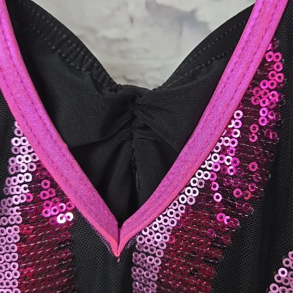 Girls Weissman Pink Sequin Halter Biketard Sleeveless Mesh Leotard Dance Costume